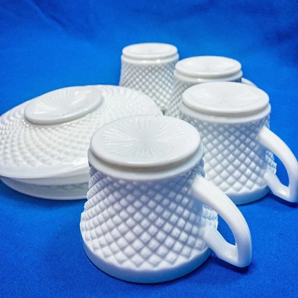 VTG Westmorland English Hobnail Milk Glass Cup & Saucer -Service for 4